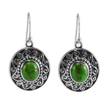 Amazing Green Copper Turquoise Gemstone & 925 Sterling Silver Antique Designer Earrings